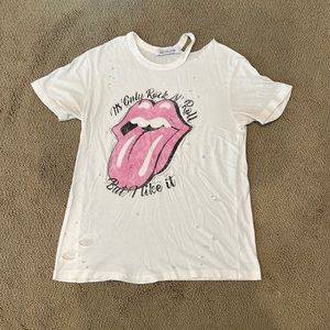 Short-sleeved vintage T-shirt with fraying/holes and Rolling Stones decal